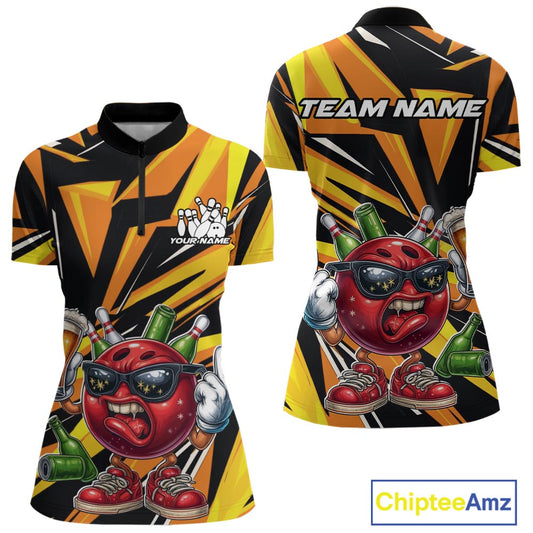 Custom Funny Bowling Ball Drink Beer Bowling Women Quarter-Zip Shirt, Yellow Team Shirt IPHW10123