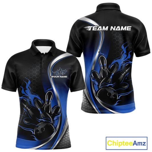 Front and back view mockup of a men’s black and blue polo shirt featuring a flame bowling ball striking pins in a clean sports apparel design.