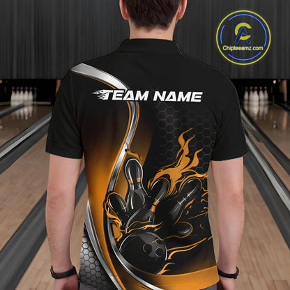 Male model seen from the back in a bowling lane wearing a black and yellow polo shirt featuring a flame bowling ball striking pins in a dynamic sports action design.