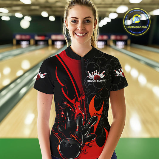 Custom Red Flame Bowling Pattern Bowling Women Quarter-Zip Shirt, Bowling League Shirt IPHW9881