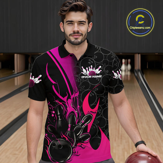 Custom Pink Flame Bowling Pattern Bowling Men Polo Shirt, Bowling Team League Shirt IPHW9882