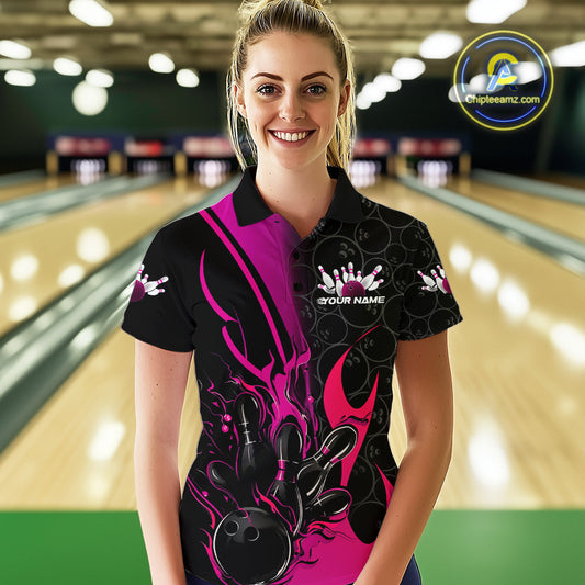 Custom Pink Flame Bowling Pattern Bowling Women Polo Shirt, Bowling Team League Shirt IPHW9882