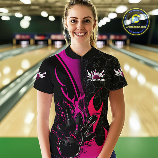 Custom Pink Flame Bowling Pattern Bowling Women Quarter-Zip Shirt, Bowling League Shirt IPHW9882