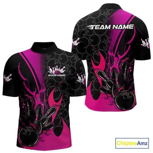 Custom Pink Flame Bowling Pattern Bowling Men Quarter-Zip Shirt, Bowling Team League Shirt IPHW9882