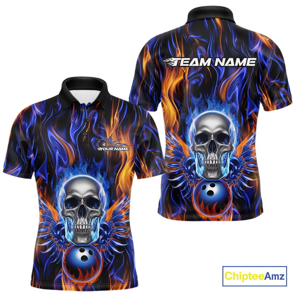 Custom Blue And Yellow Fire Flame Skull Bowling Men Polo Shirts, Hallloween Bowler Outfit IPHW9889