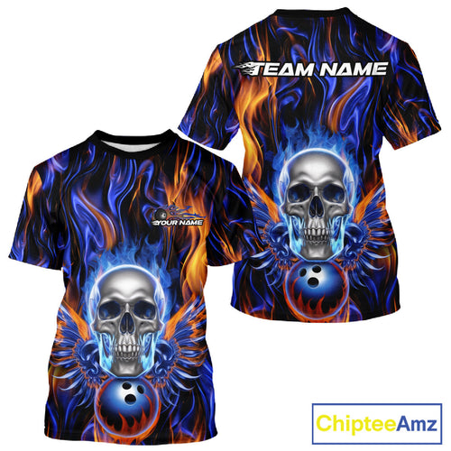 Custom Blue And Yellow Fire Flame Skull Bowling Men T-Shirts Shirts, Hallloween Bowler Outfit IPHW9889