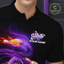Load image into Gallery viewer, Custom Purple Flame Skeleton Grim Reaper Bowling Men Polo Shirt, Halloween Bowling Jersey IPHW9894