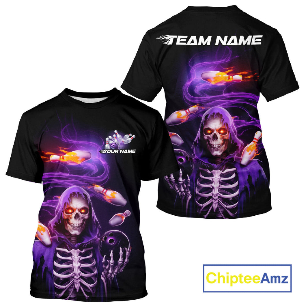 Custom Purple Flame Skeleton Grim Reaper Bowling Men T-Shirts Shirt, Halloween Bowling Jersey IPHW9894