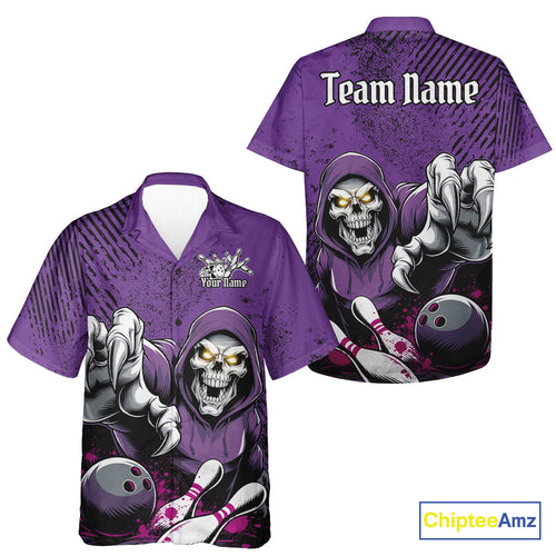 Custom Purple Splatter Skeleton Grim Reaper Bowling Men And Women Hawaiian Shirts, Halloween Outfits IPHW9896