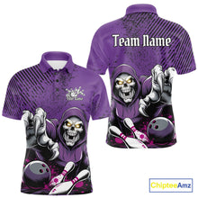 Load image into Gallery viewer, Custom Purple Splatter Skeleton Grim Reaper Bowling Men Polo Shirts, Halloween Outfits IPHW9896
