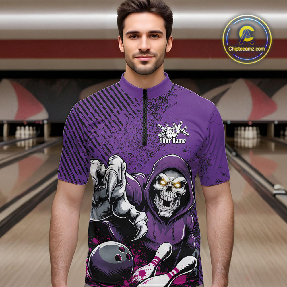 Custom Purple Splatter Skeleton Grim Reaper Bowling Men Quarter-Zip Shirts, Halloween Outfits IPHW9896