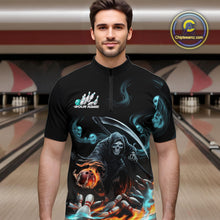 Load image into Gallery viewer, Custom Blue Skull Smoke Grim Reaper Bowling Men Quarter-Zip Shirt, Halloween Bowling Jerseys IPHW9900