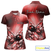 Load image into Gallery viewer, Custom Red Butterfly Bowling Team Women Polo Shirt, Bowling League Shirt IPHW11036