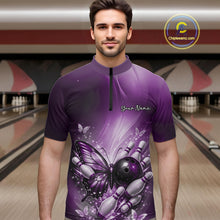 Load image into Gallery viewer, Custom Purple Butterfly Bowling Team Men Quarter-Zip Shirt, Bowling League Shirt IPHW11037