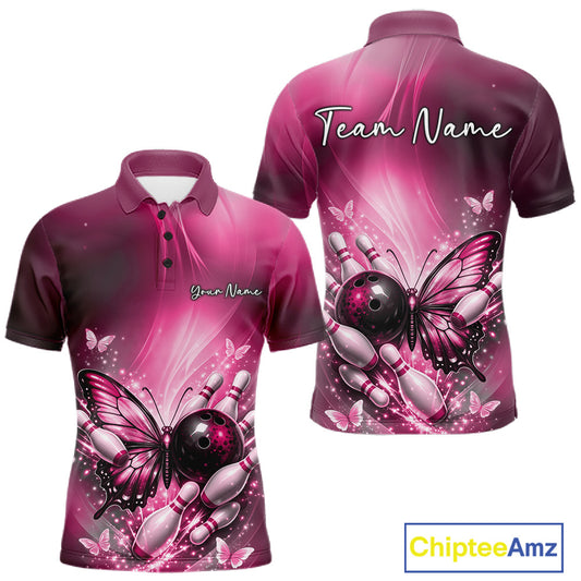 Front and back view of a pink men’s bowling polo shirt featuring a butterfly beside a bowling ball with scattered bowling pins.