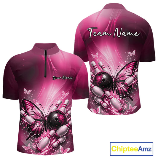 Front and back mockup of a pink men’s bowling quarter-zip shirt showcasing a butterfly beside a bowling ball with scattered bowling pins.