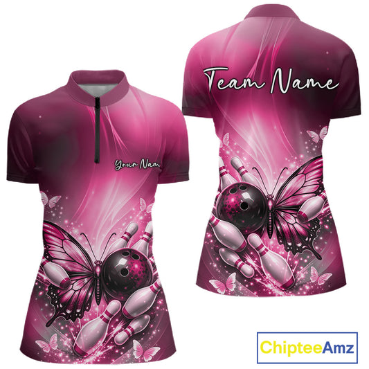 Front and back mockup of a pink women’s bowling quarter-zip shirt showcasing a butterfly beside a bowling ball with scattered bowling pins.