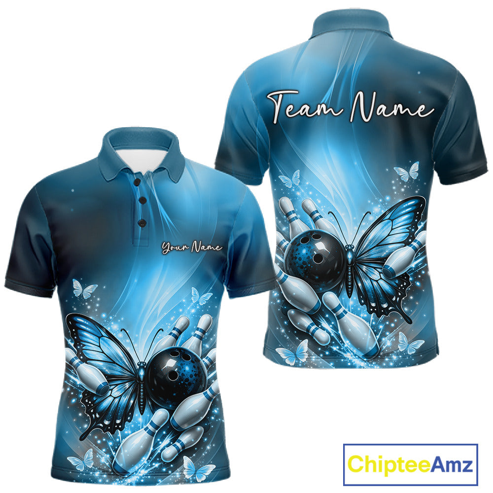 Front and back mockup of a blue men’s bowling polo shirt featuring a butterfly beside a bowling ball with scattered bowling pins.