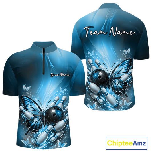 Front and back view of a blue men’s bowling quarter-zip shirt featuring a butterfly beside a bowling ball and scattered bowling pins.