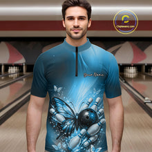 Load image into Gallery viewer, Custom Blue Butterfly Bowling Team Men Quarter-Zip Shirt, Bowling League Shirt IPHW11039