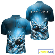 Load image into Gallery viewer, Custom Blue Butterfly Bowling Team Men Quarter-Zip Shirt, Bowling League Shirt IPHW11039