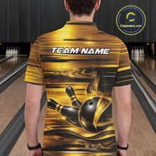 Load image into Gallery viewer, Back view of a male model inside a bowling center wearing a bowling polo shirt with glossy gold and black bowling ball and pins artwork.