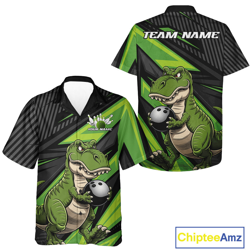 Custom Funny Green Bowling Dinosaur Bowling Men And Women Hawaiian Shirt, Bowling Team Shirt IPHW9927