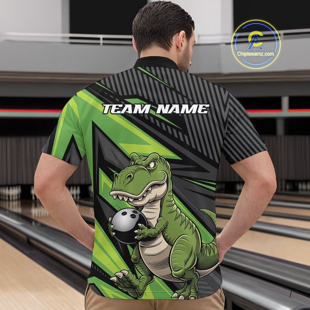 Custom Funny Green Bowling Dinosaur Bowling Men Quarter-Zip Shirt, Bowling Team Shirt IPHW9927
