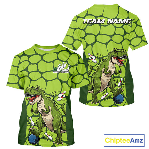 Custom Funny Green Dinosaur Bowling Team Men T-Shirts, Bowling Tournament Team IPHW9931