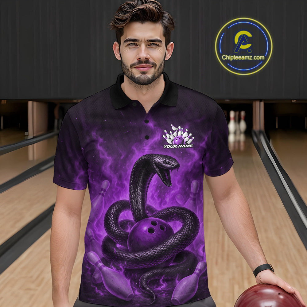 Custom Purple Flame Black Mamba Snake Bowling Men Polo Shirt, Snake Bowling Team Jerseys IPHW10150