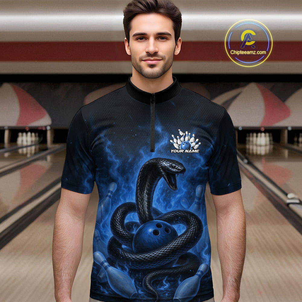 Custom Blue Flame Black Mamba Snake Bowling Men Quarter-Zip Shirt, Snake Bowling Team Jerseys IPHW10151