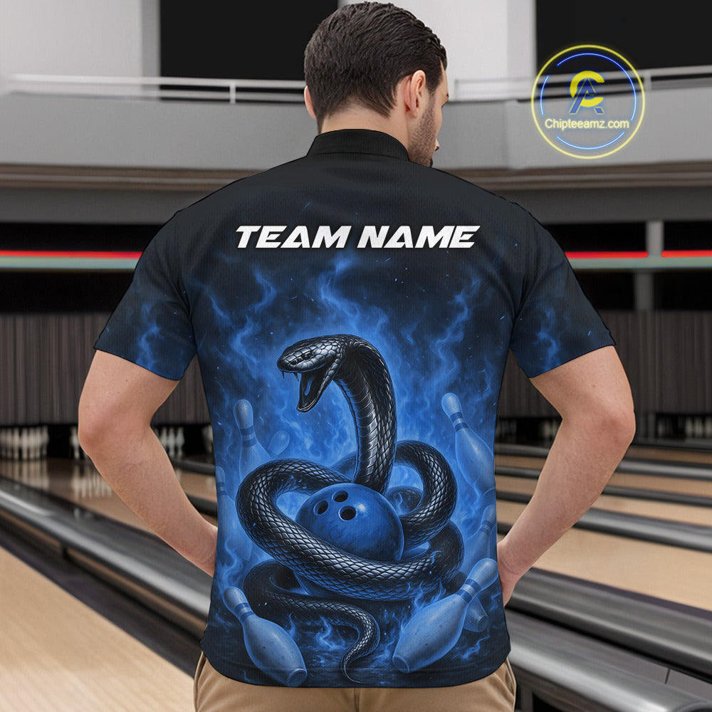 Custom Blue Flame Black Mamba Snake Bowling Men Quarter-Zip Shirt, Snake Bowling Team Jerseys IPHW10151