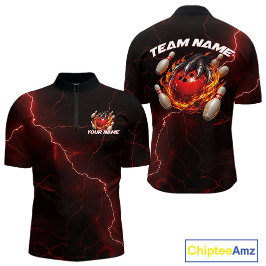Front and back black and red mens bowling quarter-zip featuring a dragon claw gripping a flaming bowling ball and scattered bowling pins.