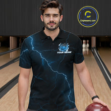 Load image into Gallery viewer, Custom Black And Blue Lightning Montrous Flame Bowling Tournament Men Polo Team Shirt IPHW11072