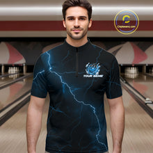 Load image into Gallery viewer, Custom Black And Blue Lightning Montrous Flame Bowling Tournament Men Quarter-Zip Team Shirt IPHW11072