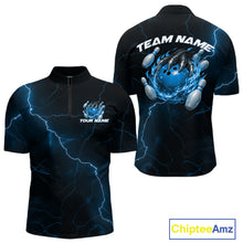 Load image into Gallery viewer, Custom Black And Blue Lightning Montrous Flame Bowling Tournament Men Quarter-Zip Team Shirt IPHW11072