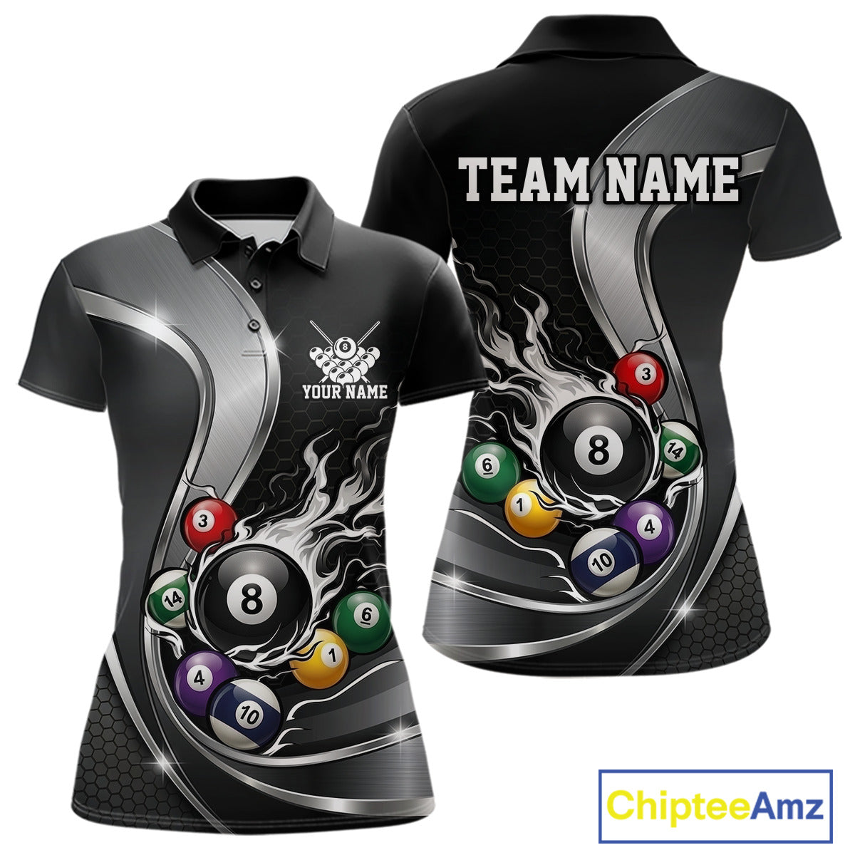 Front and back mockup of a womens black and silver billiard polo featuring metallic ribbons, dark honeycomb graphics, and a flaming 8-ball with pool balls