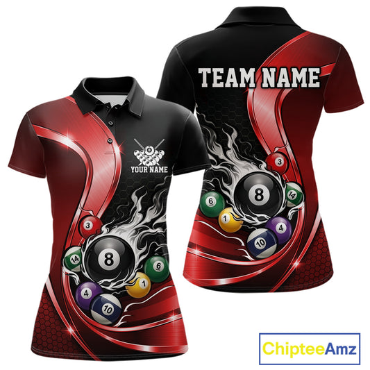 Front and back mockup of a womens black and red polo shirt featuring metallic ribbons, dark honeycomb graphics, and a flaming 8-ball