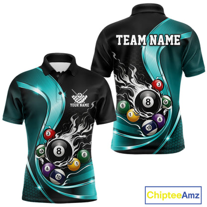 Front and back mockup of a mens black and blue billiard polo with metallic ribbon accents, dark honeycomb artwork, and a flaming 8-ball surrounded by pool ball