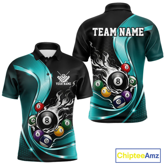 Front and back mockup of a mens black and blue billiard polo with metallic ribbon accents, dark honeycomb artwork, and a flaming 8-ball surrounded by pool ball