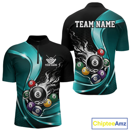 Front and back mockup of a mens black and blue billiard quarter zip with metallic ribbons, dark honeycomb graphics, and a flaming 8-ball with scattered pool balls