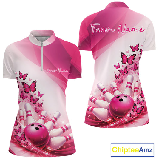 Front and back mockup of a womens white and pink bowling quarter zip featuring butterfly graphics and bowling-themed artwork