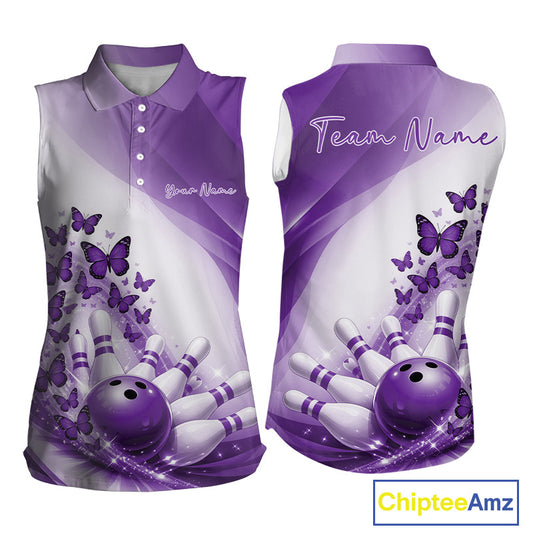 Front and back mockup of a womens white and purple sleeveless bowling shirt featuring butterfly artwork and colorful bowling graphics