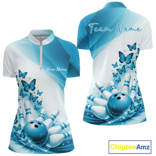 Front and back mockup of a womens white and blue bowling quarter zip featuring butterfly graphics and colorful bowling artwork