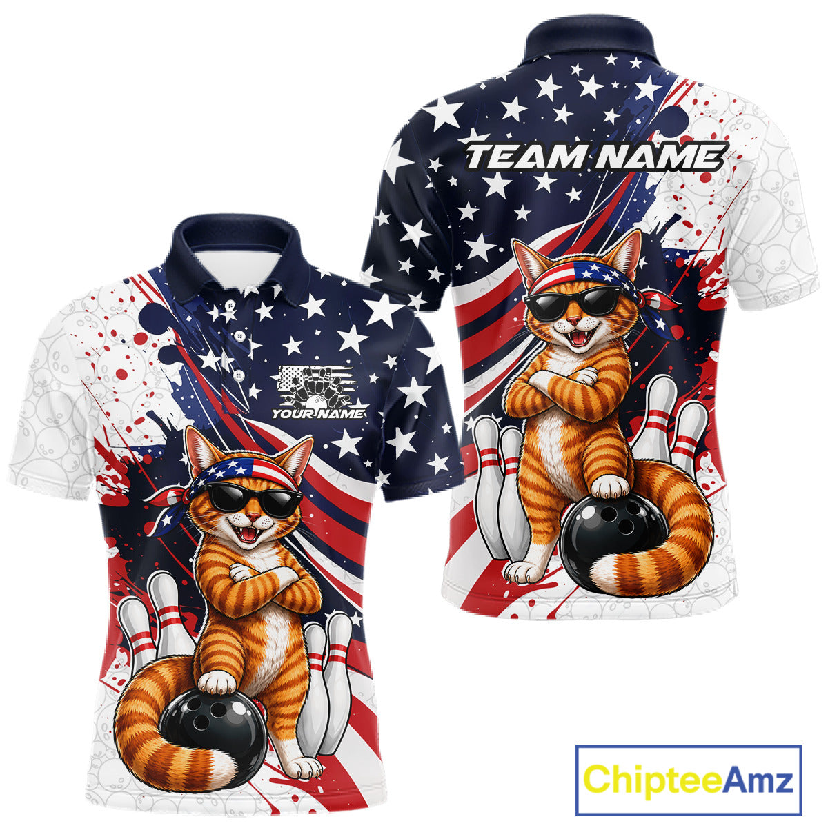 Front and back views of a patriotic bowling polo with stars and red stripes, featuring a sunglasses-wearing cat, bowling pins, and customizable name text.