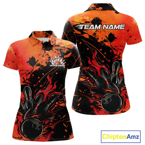 Custom Red Orange Flame Bowling Women Polo Shirts, Splatter Bowling Team Tournament Shirt IPHW9932
