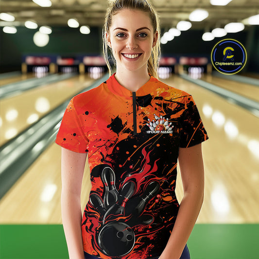 Custom Red Orange Flame Bowling Women Quarter-Zip  Splatter Bowling Tournament Shirt IPHW9932