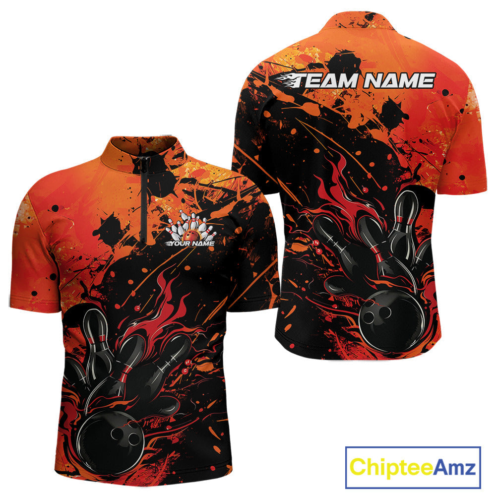 Custom Red Orange Flame Bowling Men Quarter-Zip Shirts, Splatter Bowling Team Tournament Shirt IPHW9932