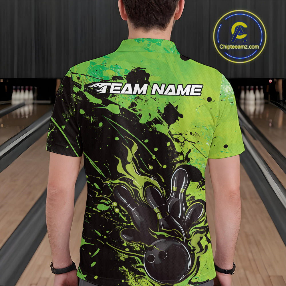 Custom Green Flame Bowling Men Polo Shirts, Splatter Bowling Team Tournament Shirt IPHW9934