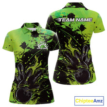 Load image into Gallery viewer, Custom Green Flame Bowling Women Polo Shirts, Splatter Bowling Team Tournament Shirt IPHW9934